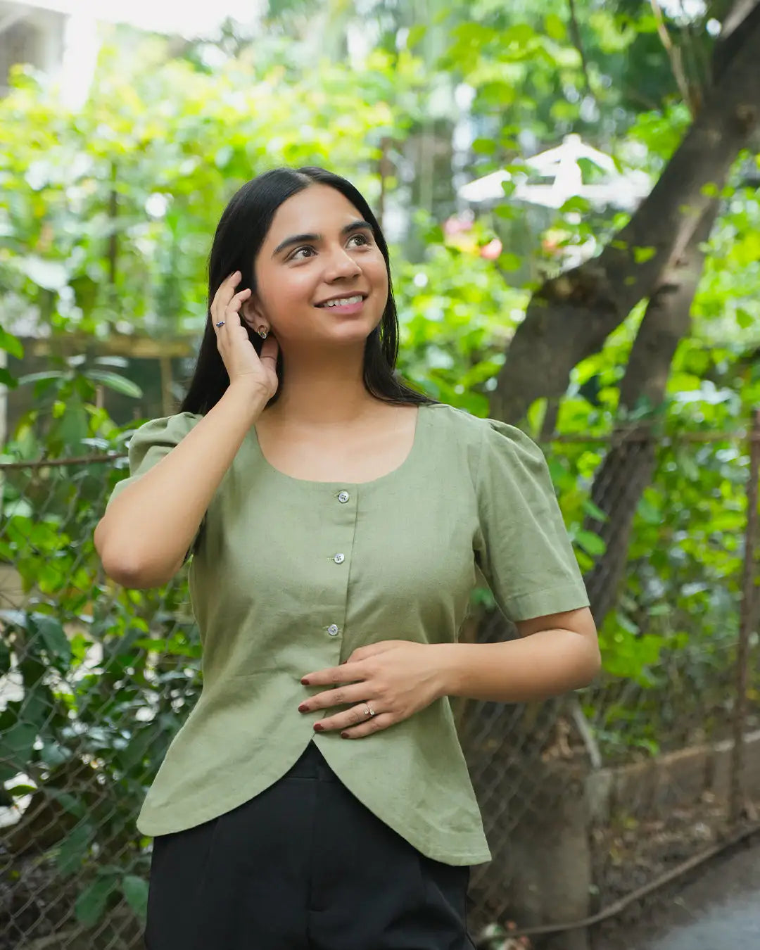 Daily Muse Shirt | Sage Green – Premium Cotton Puff Sleeve Shirt
