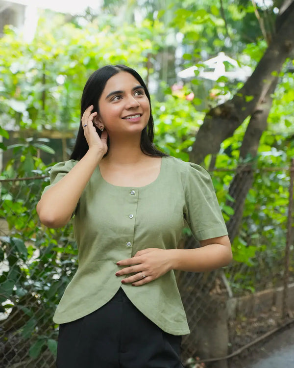Daily Muse Shirt | Sage Green – Premium Cotton Puff Sleeve Shirt