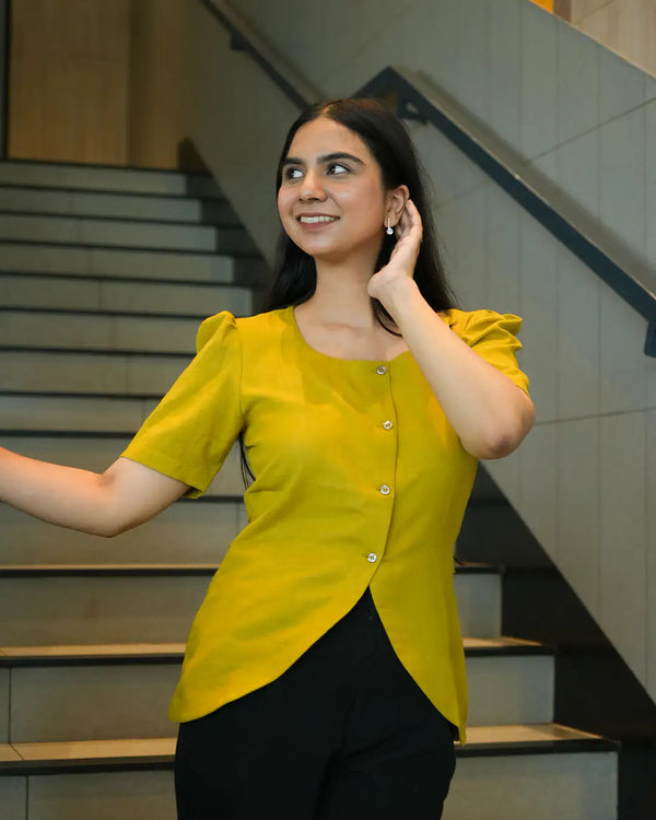 Daily Muse Shirt | Yellow Ochre – Premium Cotton Puff Sleeve Shirt