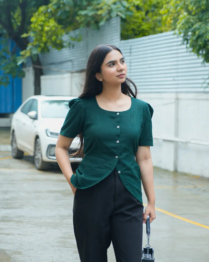 Daily Muse Shirt | Bottle Green – Premium Cotton Puff Sleeve Shirt