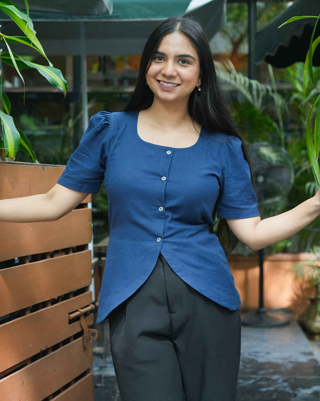 Daily Muse Shirt | Navy Blue – Premium Cotton Puff Sleeve Shirt