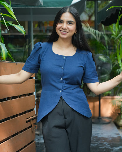 Daily Muse Shirt | Navy Blue – Premium Cotton Puff Sleeve Shirt
