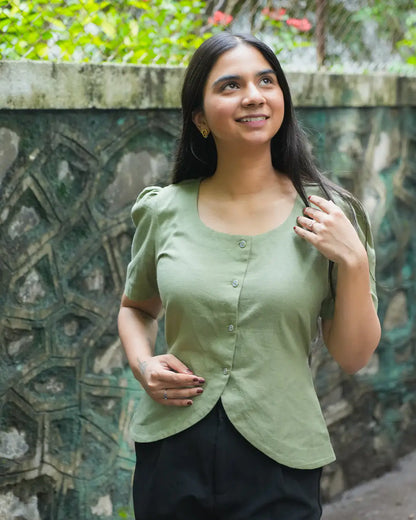 Daily Muse Shirt | Sage Green – Premium Cotton Puff Sleeve Shirt