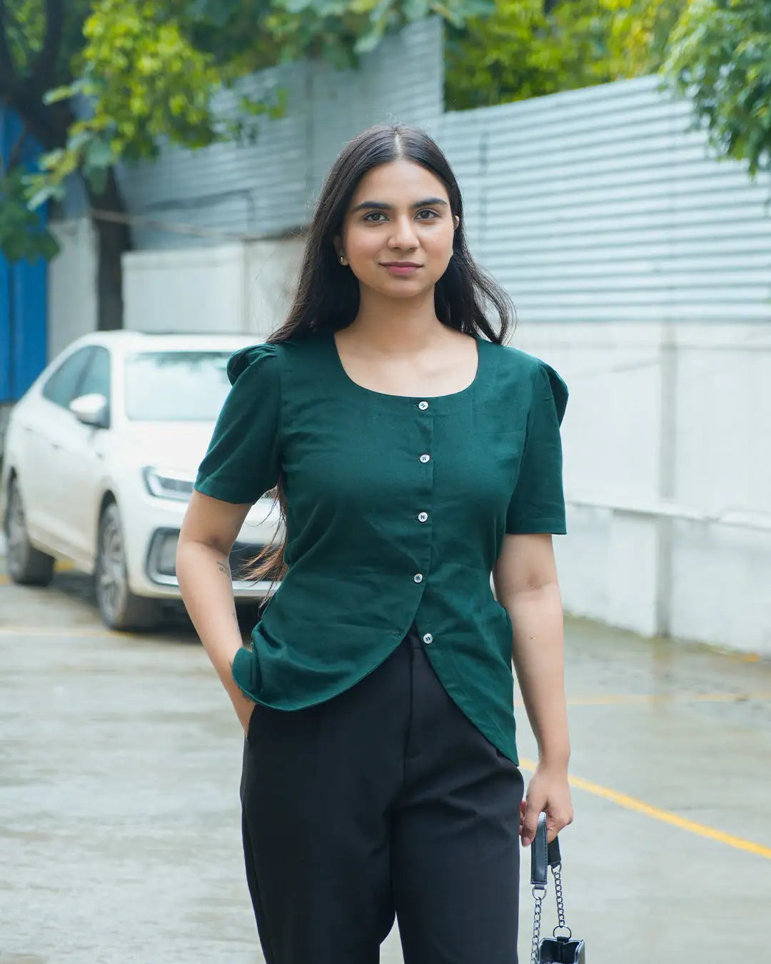 Daily Muse Shirt | Bottle Green – Premium Cotton Puff Sleeve Shirt