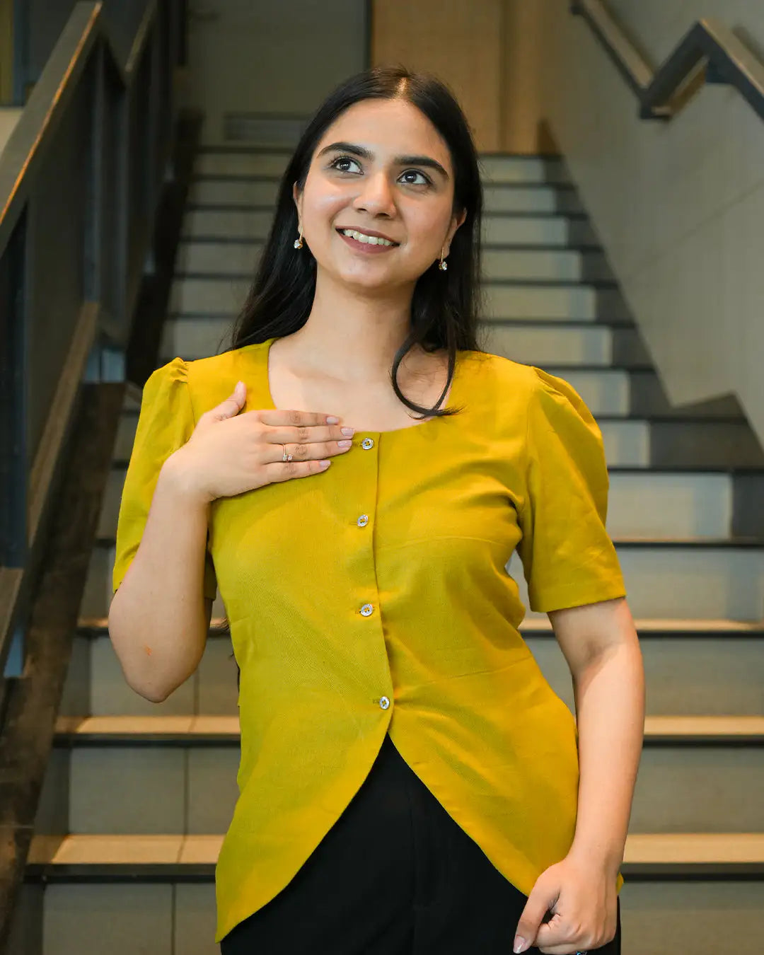 Daily Muse Shirt | Yellow Ochre – Premium Cotton Puff Sleeve Shirt
