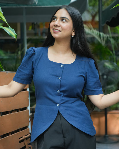 Daily Muse Shirt | Navy Blue – Premium Cotton Puff Sleeve Shirt