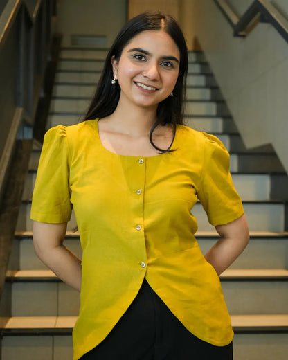 Daily Muse Shirt | Yellow Ochre – Premium Cotton Puff Sleeve Shirt