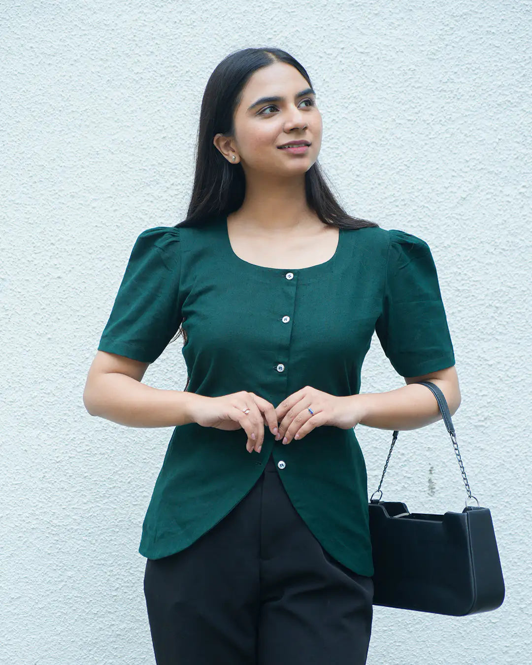 Daily Muse Shirt | Bottle Green – Premium Cotton Puff Sleeve Shirt