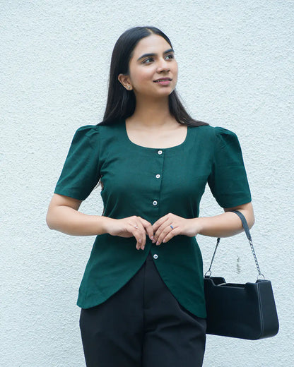 Daily Muse Shirt | Bottle Green – Premium Cotton Puff Sleeve Shirt