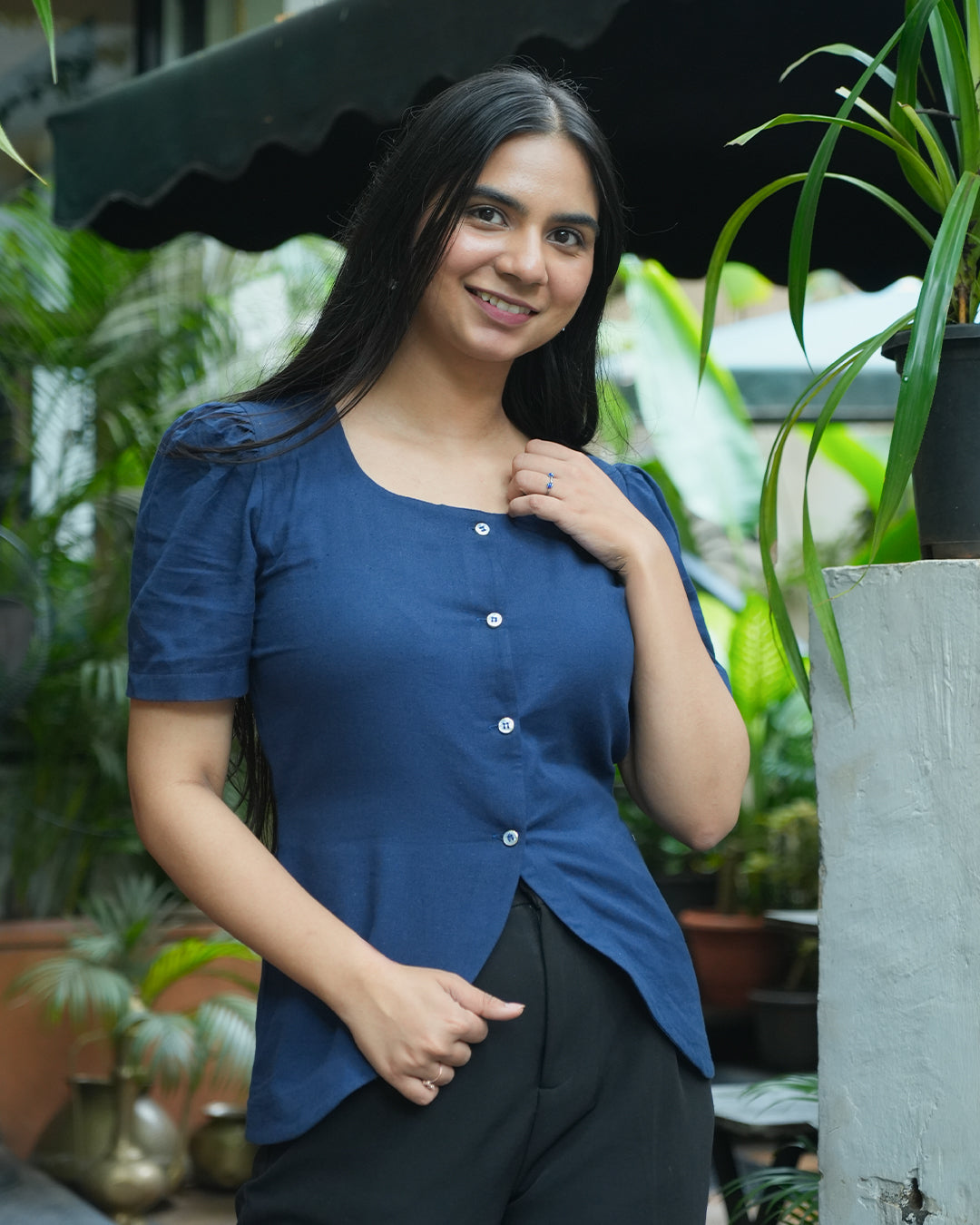 Daily Muse Shirt | Navy Blue – Premium Cotton Puff Sleeve Shirt