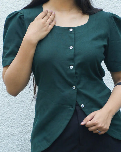 Daily Muse Shirt | Bottle Green – Premium Cotton Puff Sleeve Shirt