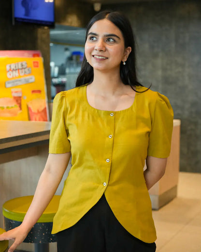 Daily Muse Shirt | Yellow Ochre – Premium Cotton Puff Sleeve Shirt