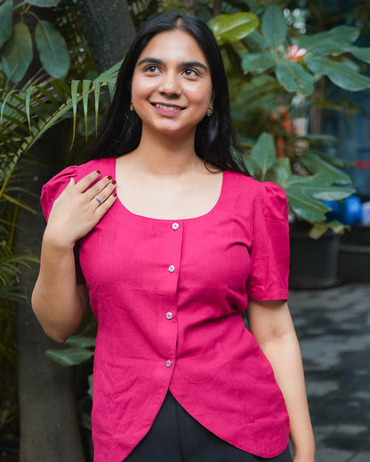 Daily Muse Shirt | Red – Cotton Puff Sleeve Shirt