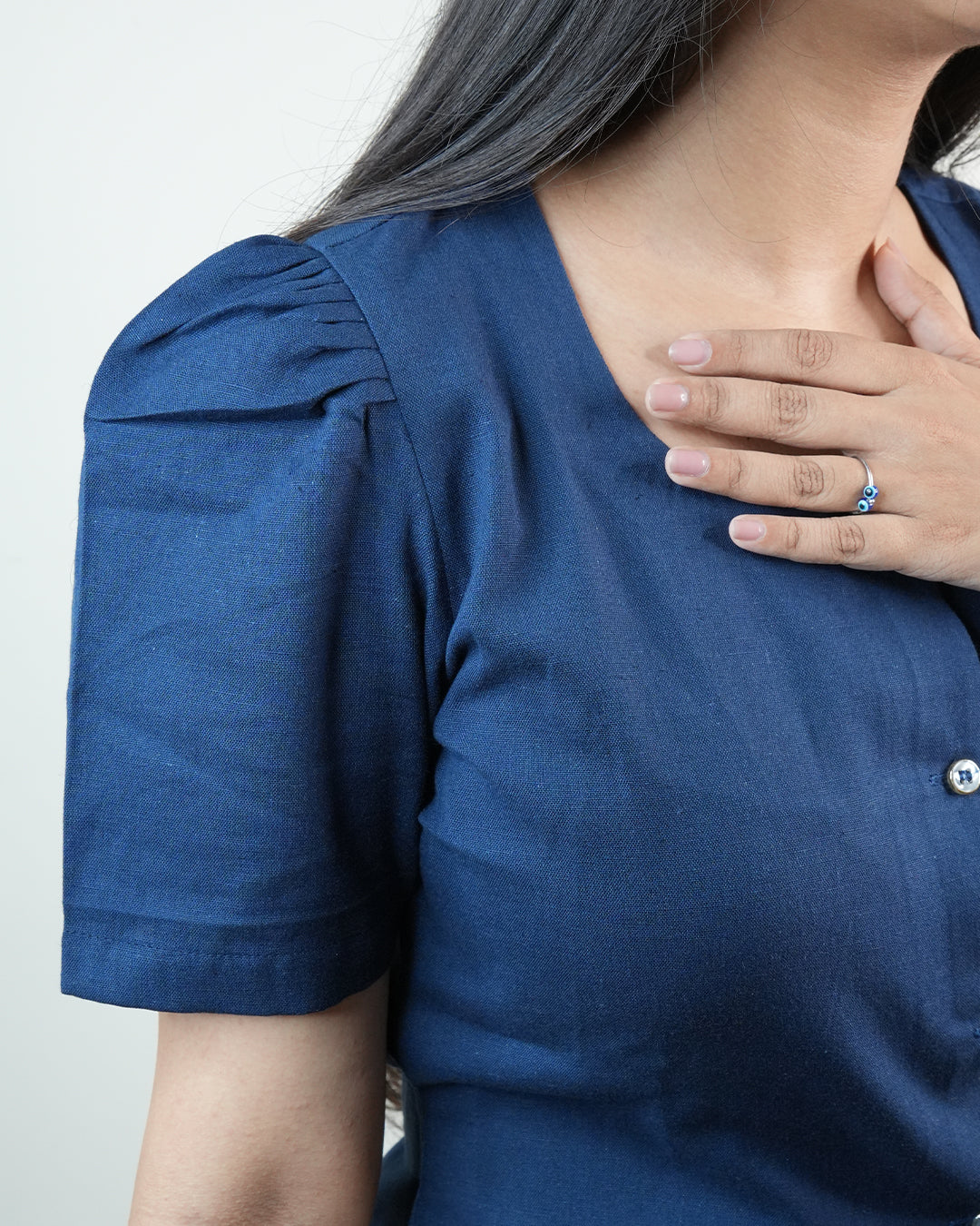 Daily Muse Shirt | Navy Blue – Premium Cotton Puff Sleeve Shirt