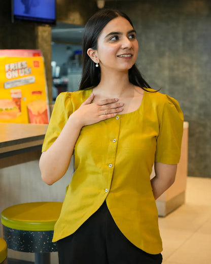 Daily Muse Shirt | Yellow Ochre – Premium Cotton Puff Sleeve Shirt