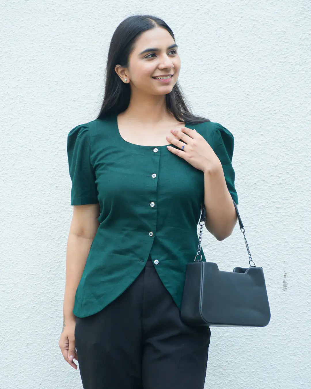 Daily Muse Shirt | Bottle Green – Premium Cotton Puff Sleeve Shirt