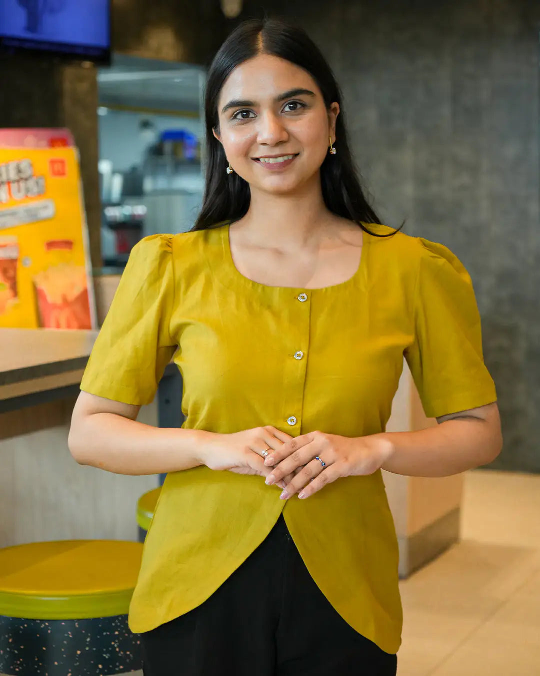 Daily Muse Shirt | Yellow Ochre – Premium Cotton Puff Sleeve Shirt