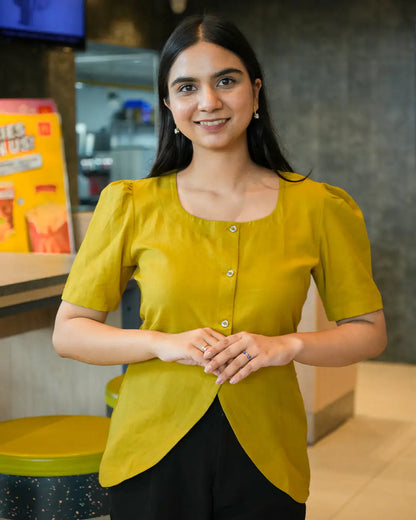 Daily Muse Shirt | Yellow Ochre – Premium Cotton Puff Sleeve Shirt