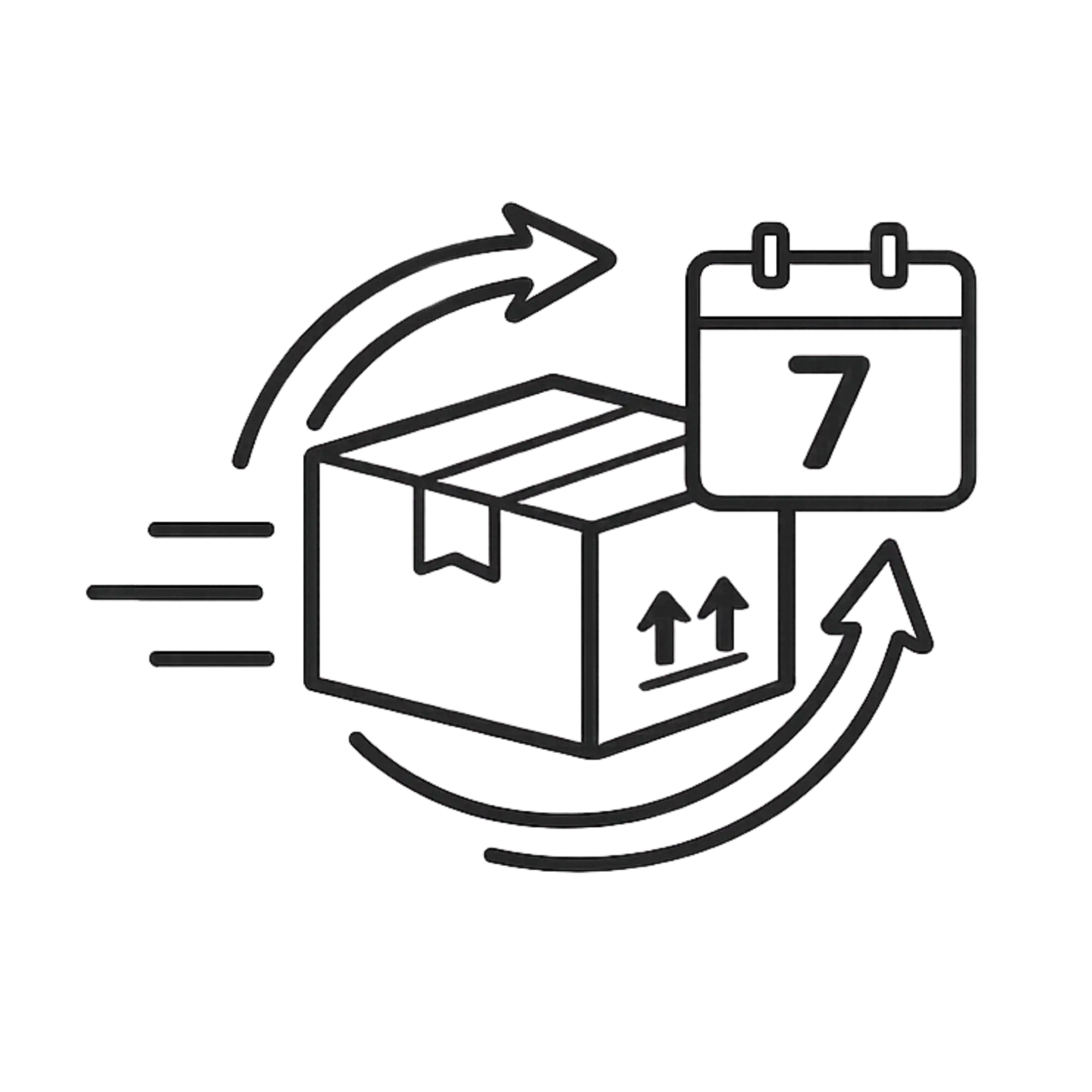 Black line art icon depicting a shipping box with arrows and a calendar marked ’7’