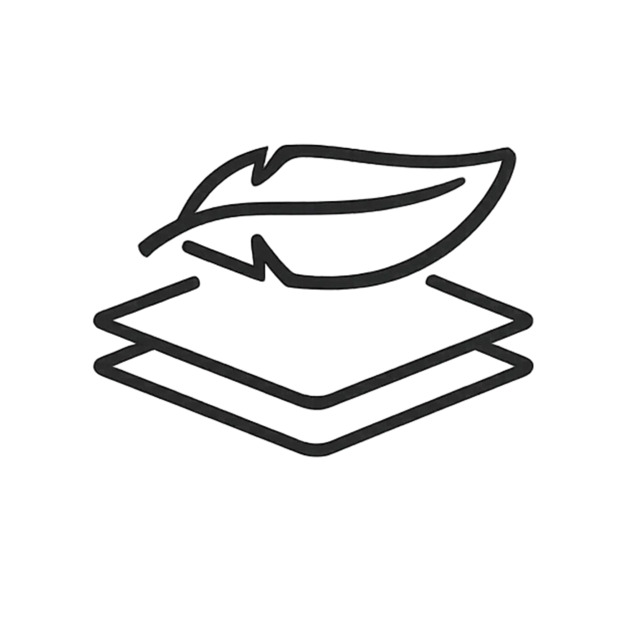 Black line-art icon of a feather resting atop two stacked rectangular shapes.
