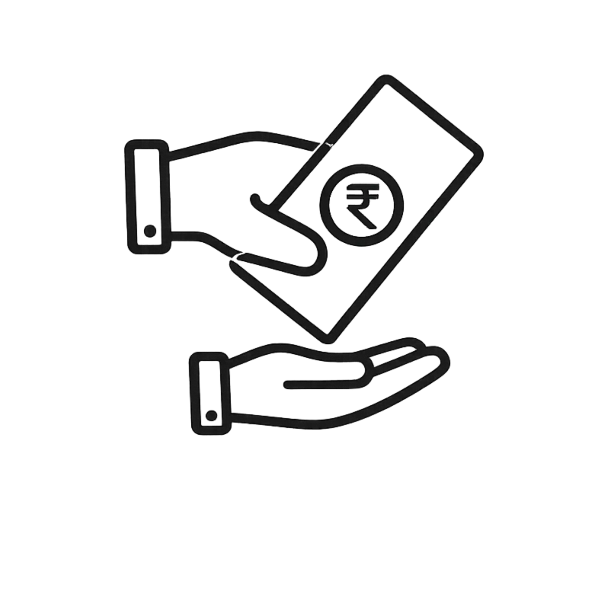 Black line art icon depicting two hands exchanging a rupee note.