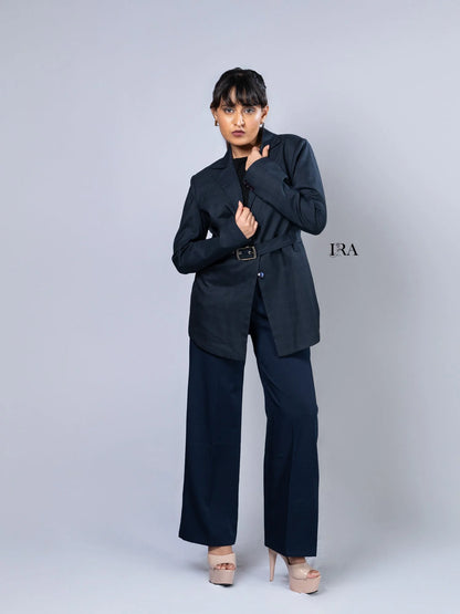 Blue Luxe Belted Blazer – Sophisticated Tailoring with Modern Details - Blazer