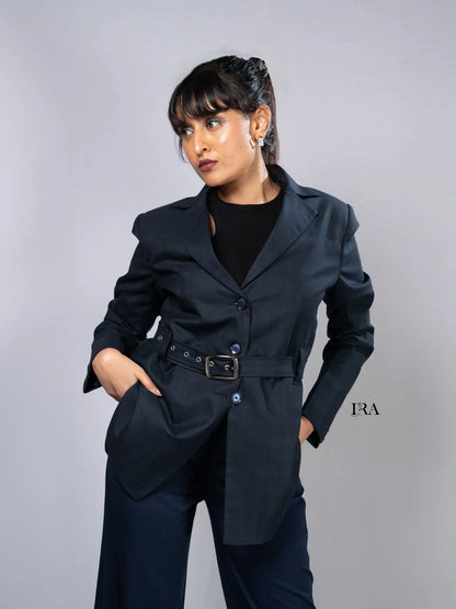 Blue Luxe Belted Blazer – Sophisticated Tailoring with Modern Details - Blazer