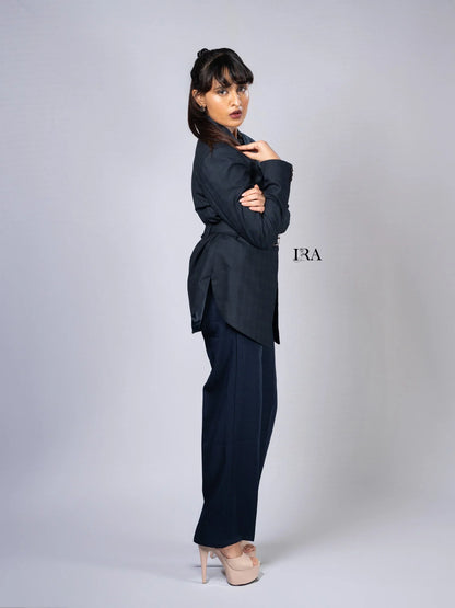 Blue Luxe Belted Blazer – Sophisticated Tailoring with Modern Details - Blazer