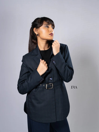 Blue Luxe Belted Blazer – Sophisticated Tailoring with Modern Details - Blazer