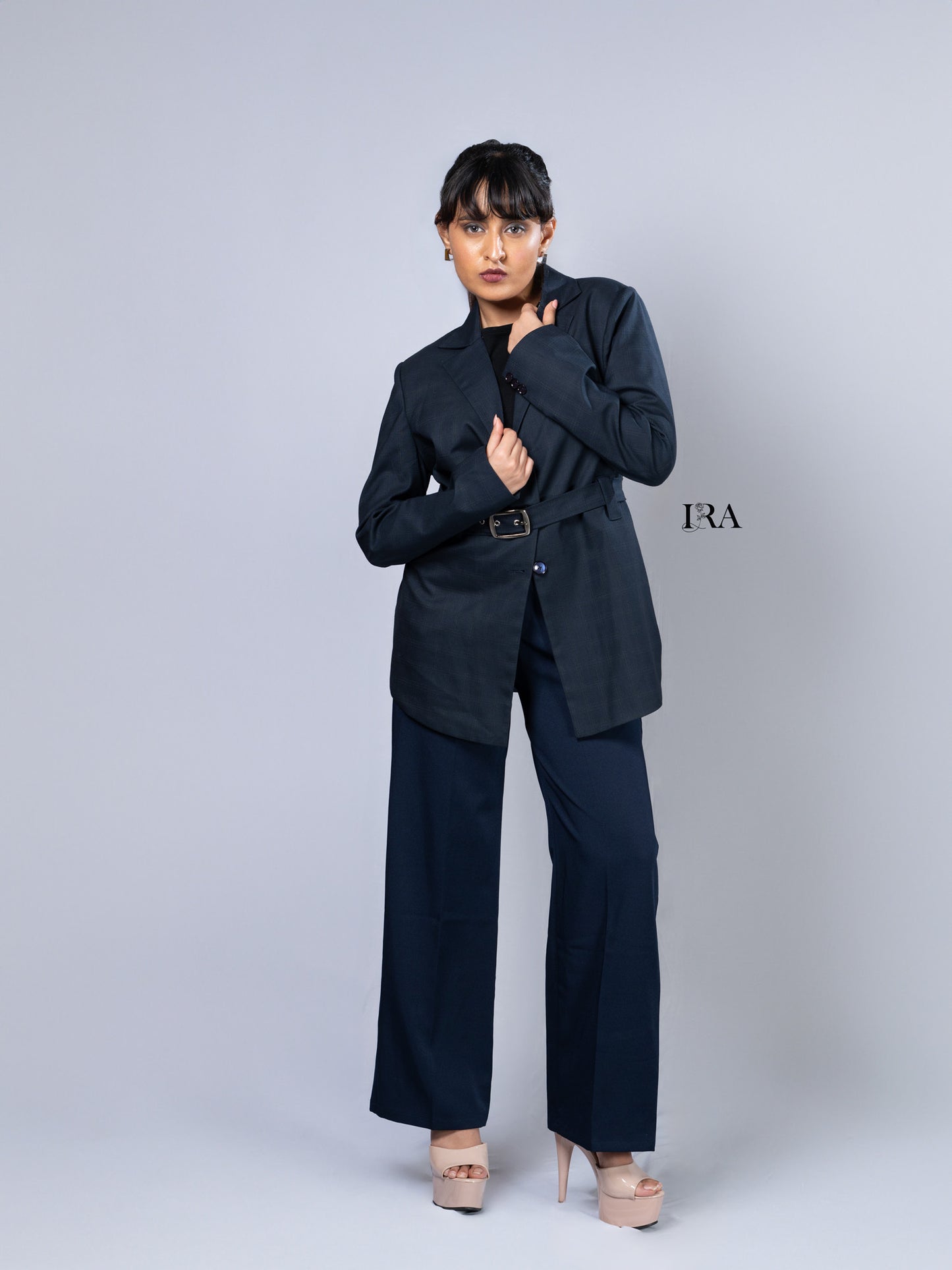 Blue Luxe Belted Blazer – Sophisticated Tailoring with Modern Details