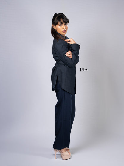 Blue Luxe Belted Blazer – Sophisticated Tailoring with Modern Details