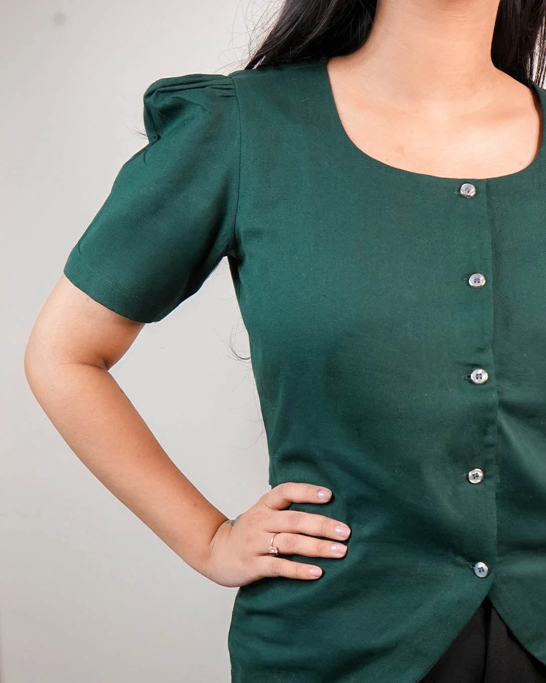 Daily Muse Shirt | Bottle Green – Premium Cotton Puff Sleeve Shirt - shirts