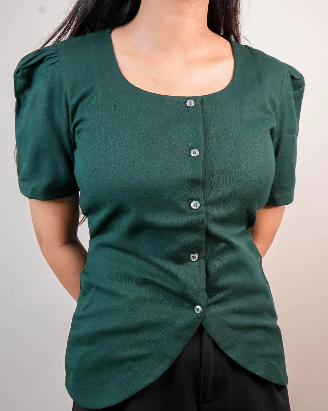 Daily Muse Shirt | Bottle Green – Premium Cotton Puff Sleeve Shirt - shirts