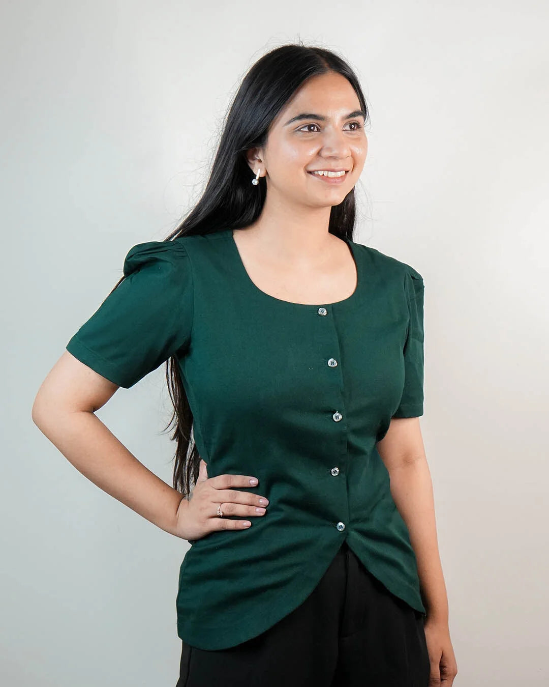 Daily Muse Shirt | Bottle Green – Premium Cotton Puff Sleeve Shirt - XS - shirts