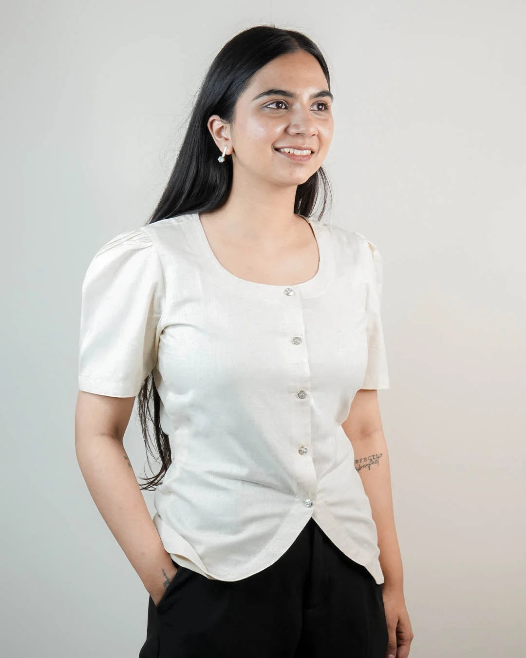 Daily Muse Shirt | Off White – Premium Cotton Puff Sleeve Shirt - XS - shirts