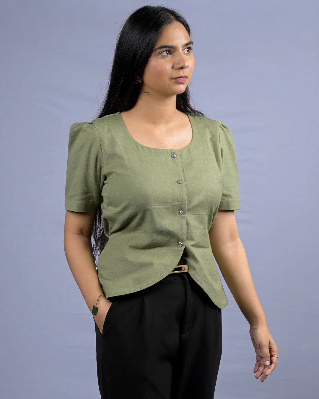 Daily Muse Shirt | Sage Green – Premium Cotton Puff Sleeve Shirt - XS - shirts