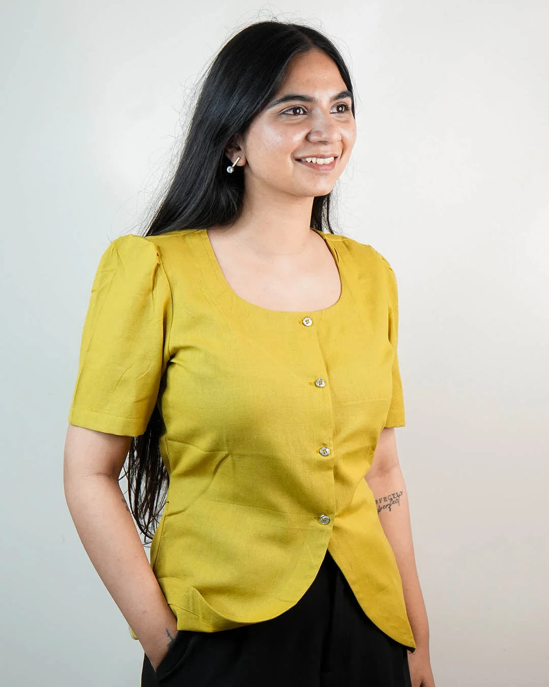 Daily Muse Shirt | Yellow Ochre – Premium Cotton Puff Sleeve Shirt - XS - shirts