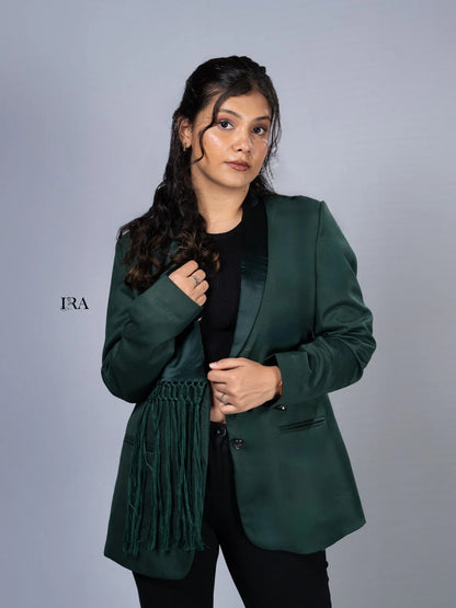 Green Blazer with Tassels – A Bold Statement-Making Piece - L - Blazer