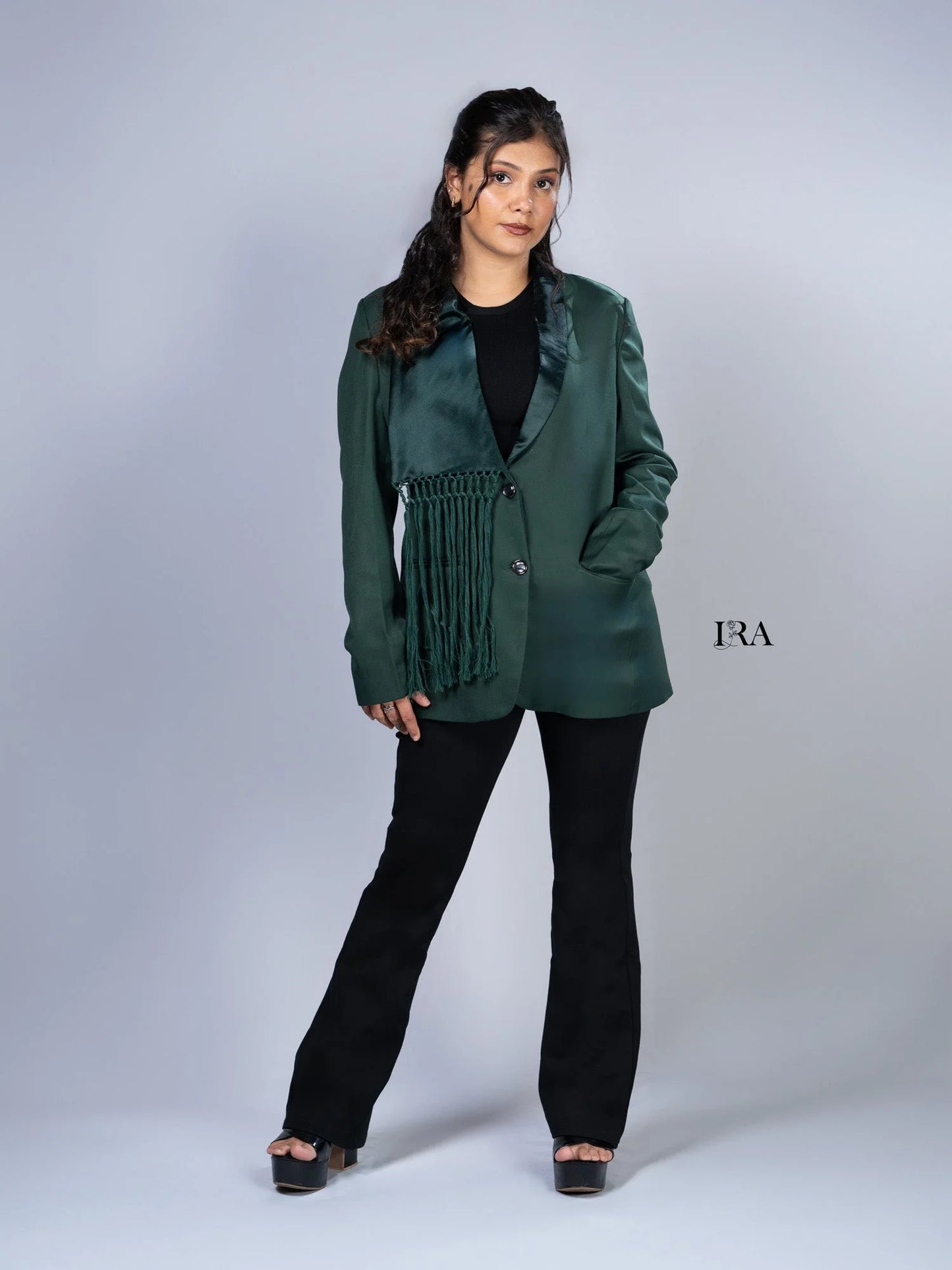 Green Blazer with Tassels – A Bold Statement-Making Piece - L - Blazer