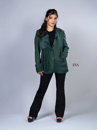 Green Blazer with Tassels – A Bold Statement-Making Piece - L - Blazer