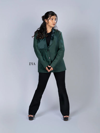 Green Blazer with Tassels – A Bold Statement-Making Piece - L - Blazer