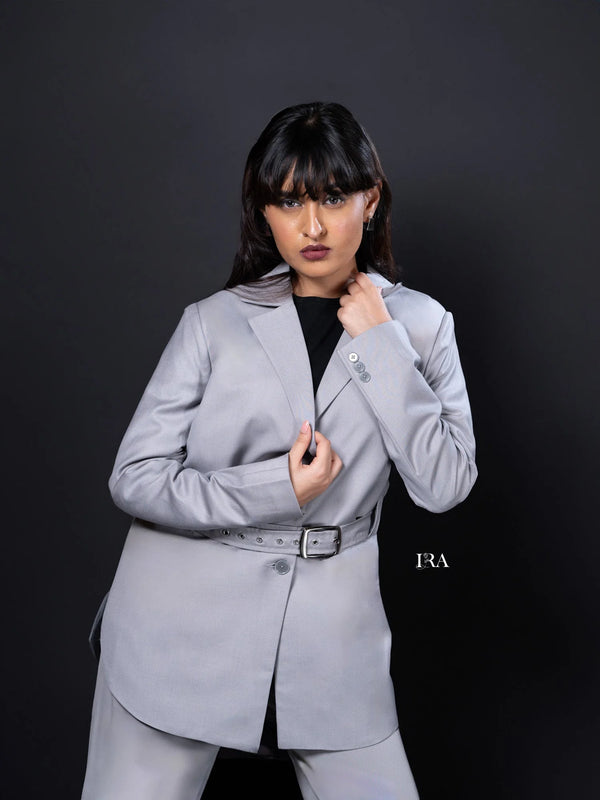 Grey Luxe Belted Blazer – Timeless Elegance with a Modern Edge - Blazer