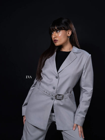 Grey Luxe Belted Blazer – Timeless Elegance with a Modern Edge - Blazer