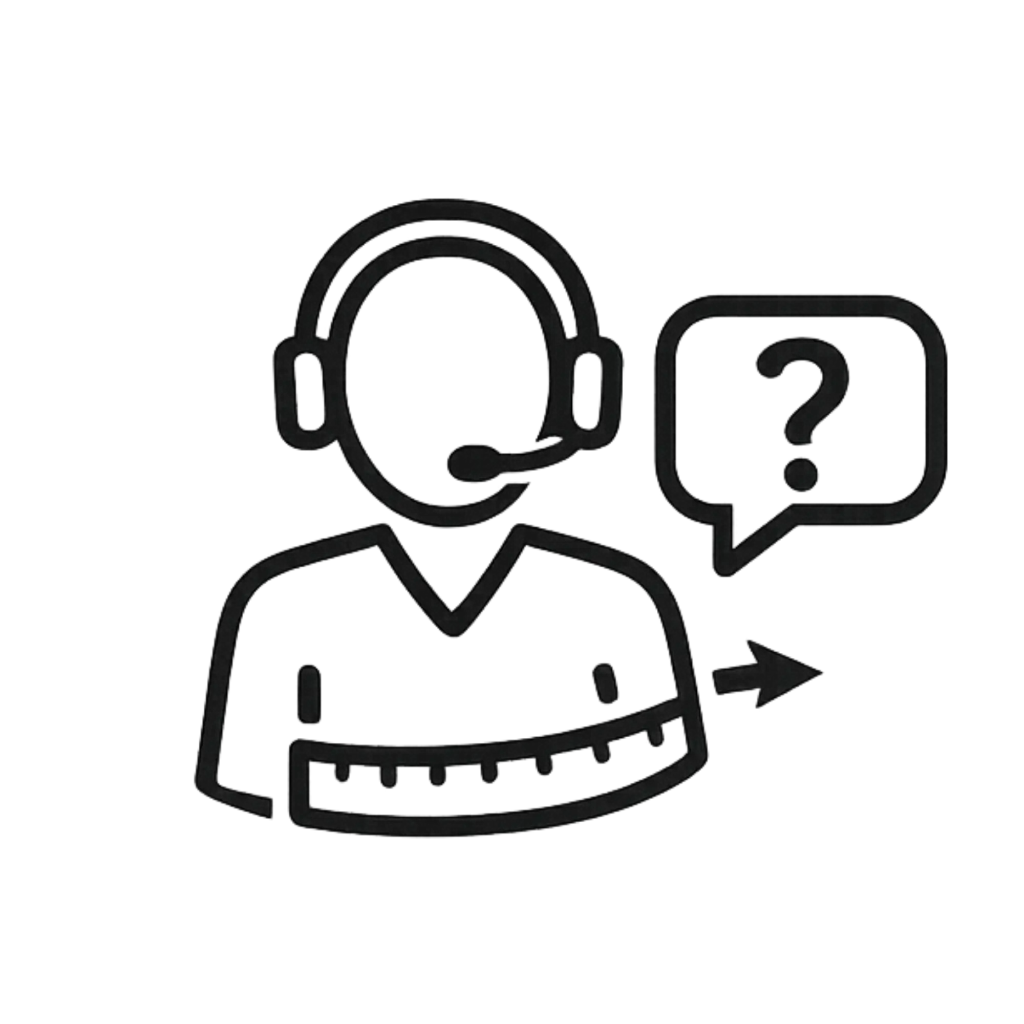 A minimalist black line-art icon of a customer service representative wearing headphones and holding a measuring tape.