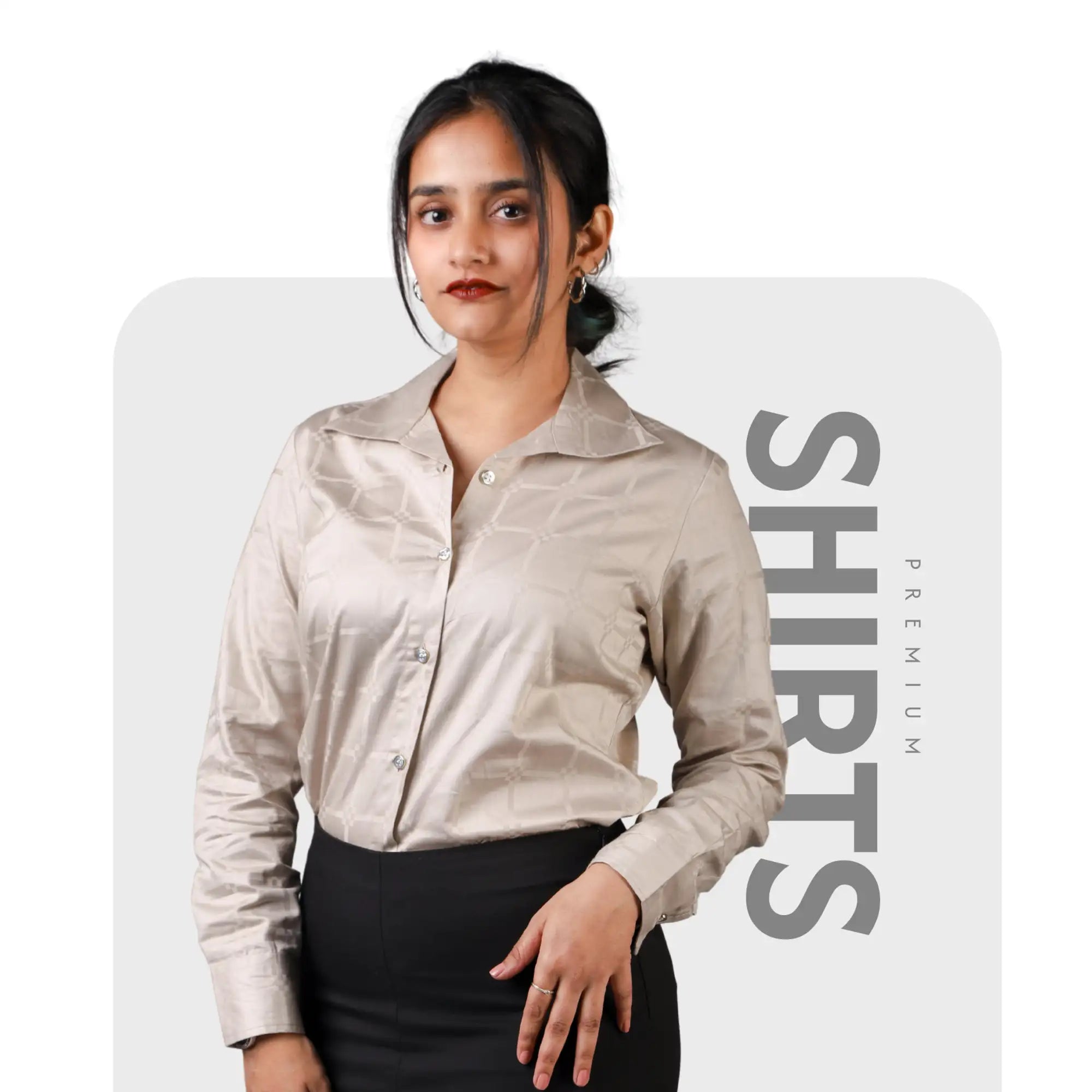 A sleek, beige satin blouse with a subtle geometric pattern and classic button-down design.