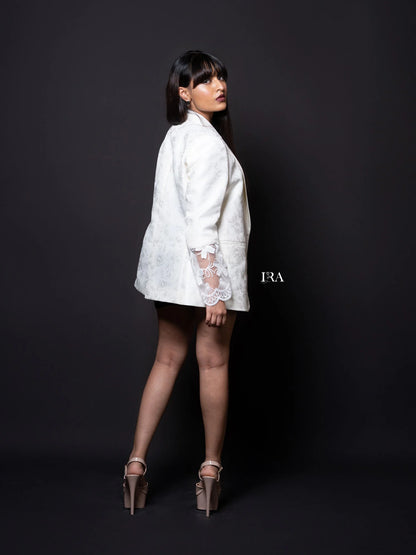 White Embossed Blazer – Elegance with Intricate Floral Embroidery - Blazer