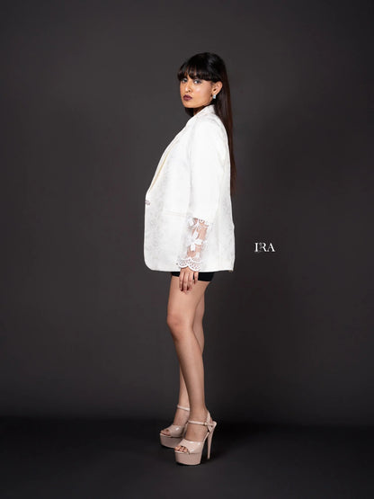 White Embossed Blazer – Elegance with Intricate Floral Embroidery - Blazer
