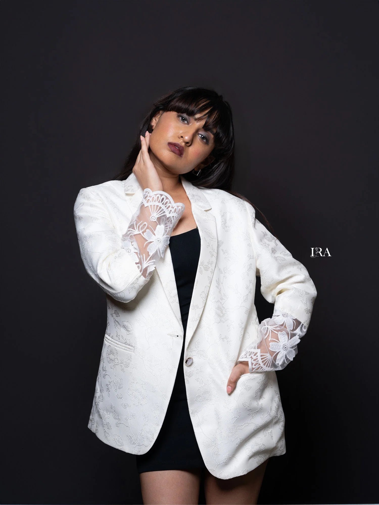 White Embossed Blazer – Elegance with Intricate Floral Embroidery - Blazer