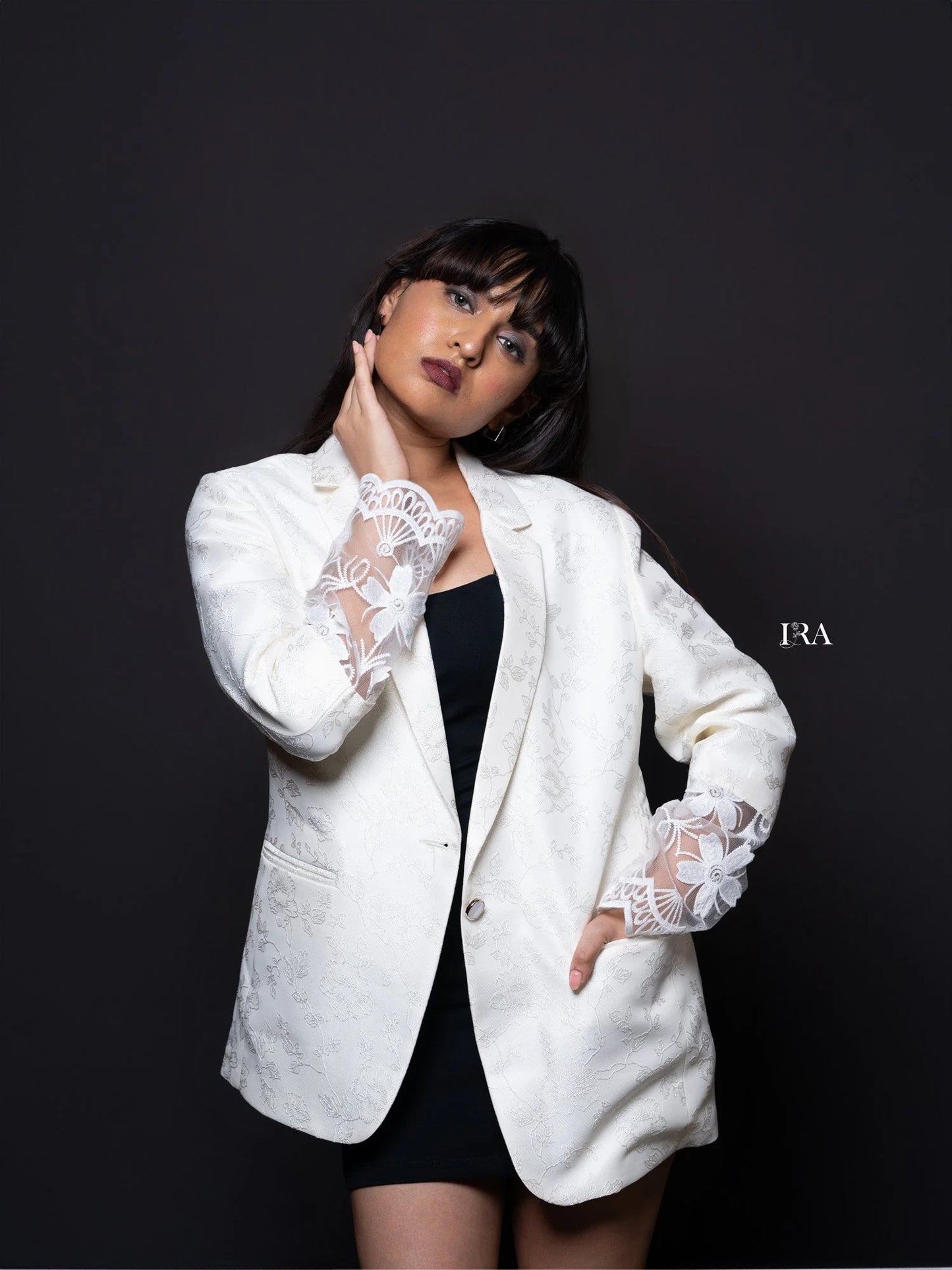 White Embossed Blazer – Elegance with Intricate Floral Embroidery - Blazer