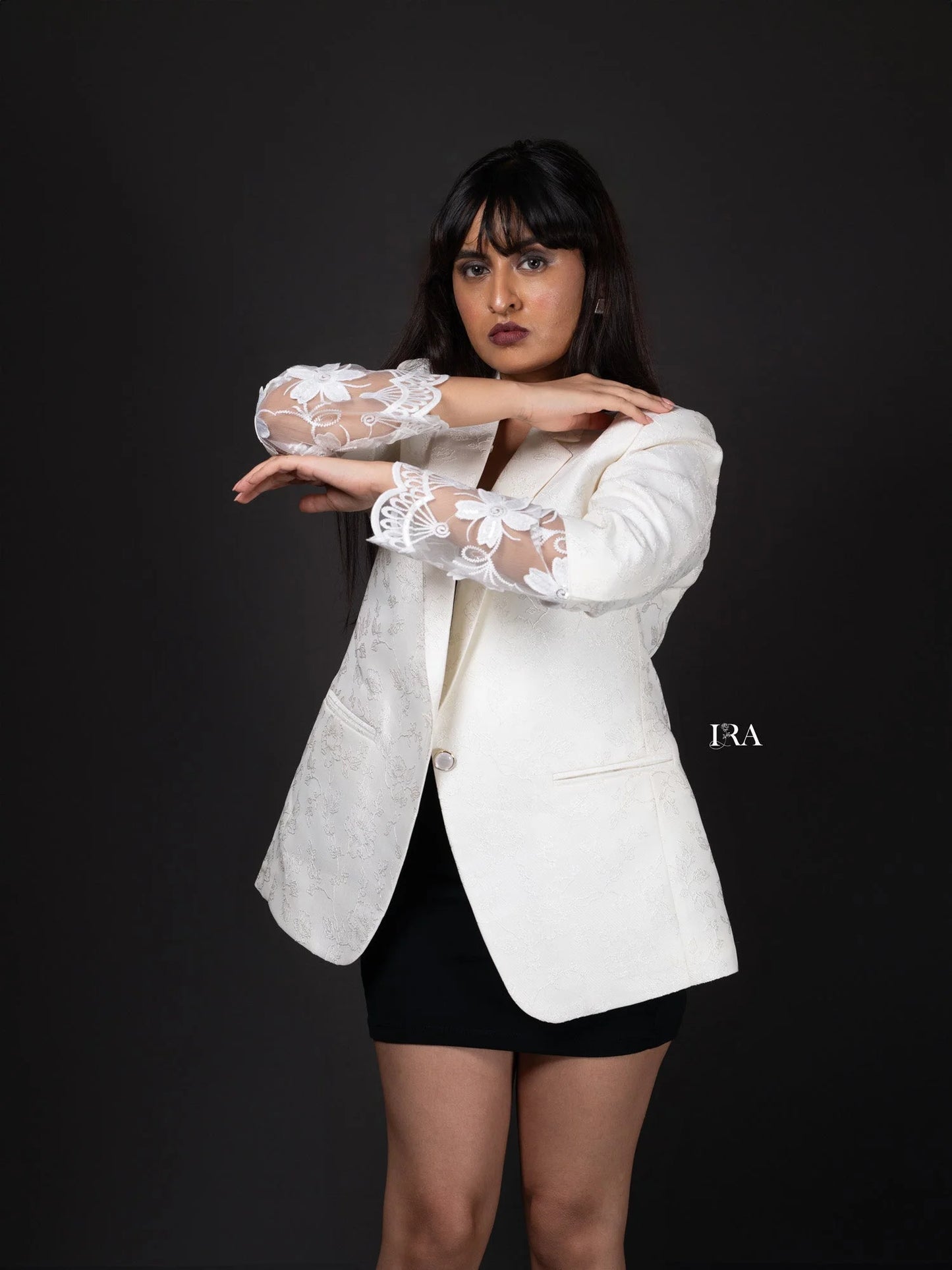 White Embossed Blazer – Elegance with Intricate Floral Embroidery - Blazer